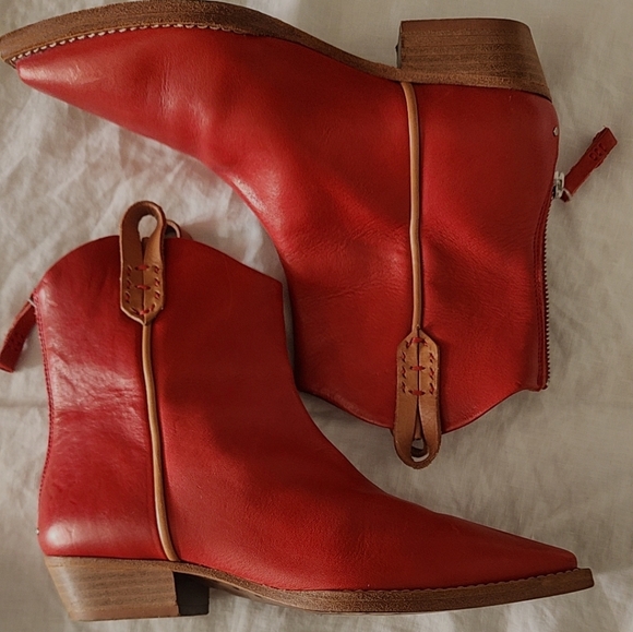 Free People Red Leather Ankle Boho Western Boots - Picture 11 of 12